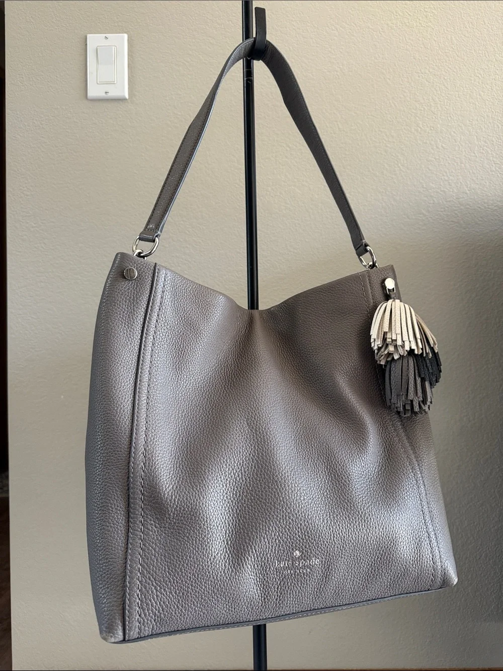 kate spade Gray Pebbled Leather Shoulder Hobo with Tassel